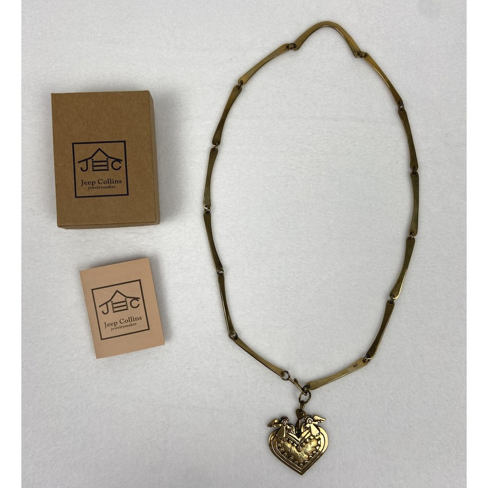 Jeep Collins Retired Brass Heart Angels Pendant Necklace Artisan Handcrafted